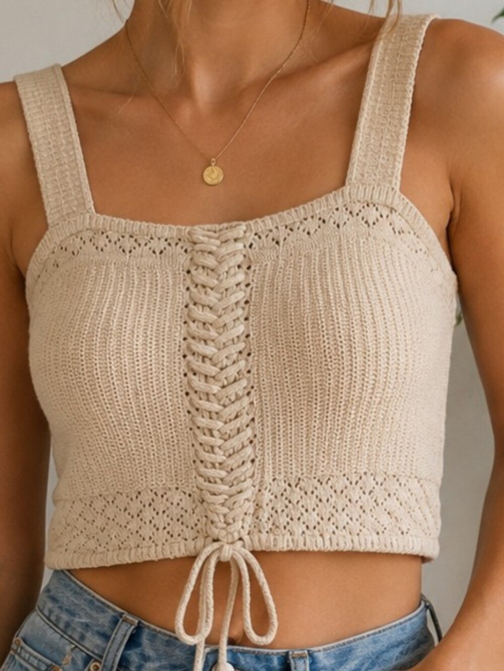 Ryegrass Knit Crop Tank Top Medium Beige Lace-Up Front Cottagecore Boho Sweater